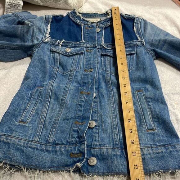 Madewell Blue Likes Patchwork Two Toned Raw Hem‎ Denim Jean Jacket Women Siz/XXS - Picture 7 of 9